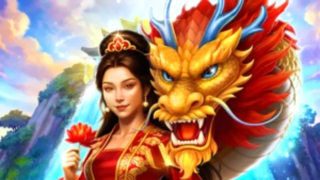 Dragon’s Gate Bonus Choice slot machine interface featuring golden dragon and lotus flowers