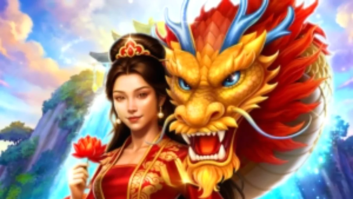 Dragon’s Gate Bonus Choice slot machine interface featuring golden dragon and lotus flowers